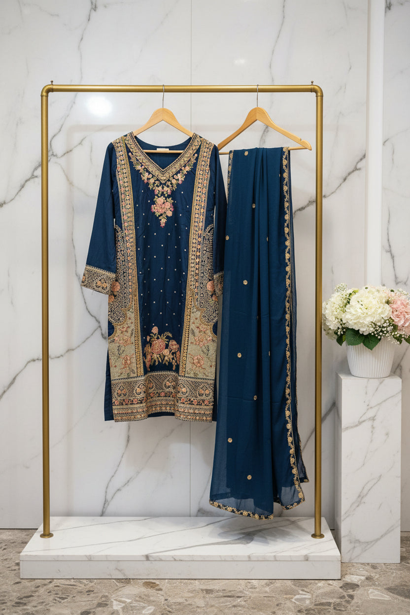 ETH Four-Way Elegance: Teal, Baby Blue, Baby Pink & Black Embroidered Linen Shalwar Kameez