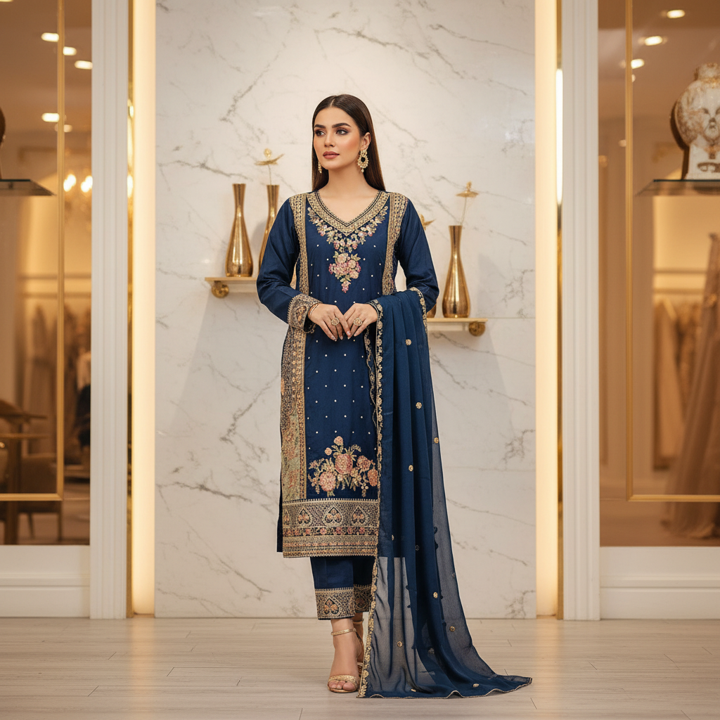 ETH Four-Way Elegance: Teal, Baby Blue, Baby Pink & Black Embroidered Linen Shalwar Kameez