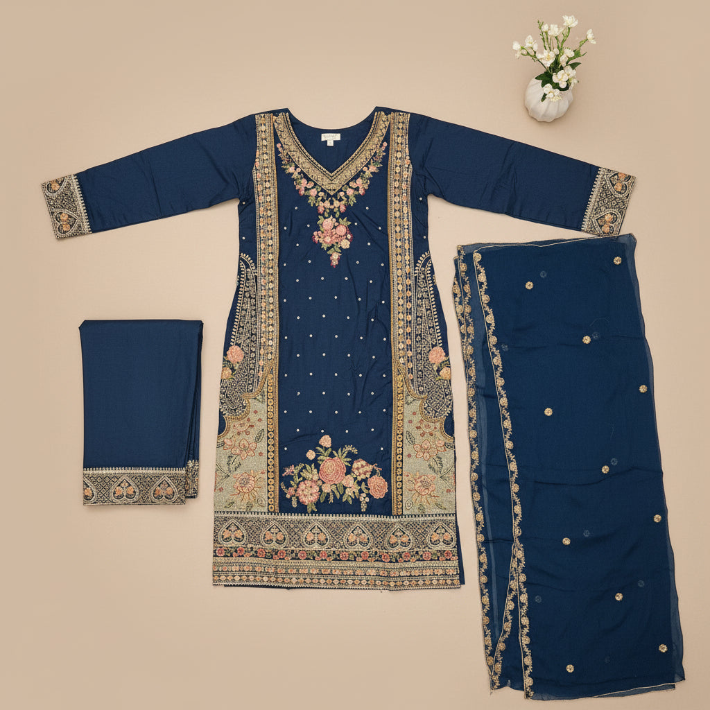 ETH Four-Way Elegance: Teal, Baby Blue, Baby Pink & Black Embroidered Linen Shalwar Kameez