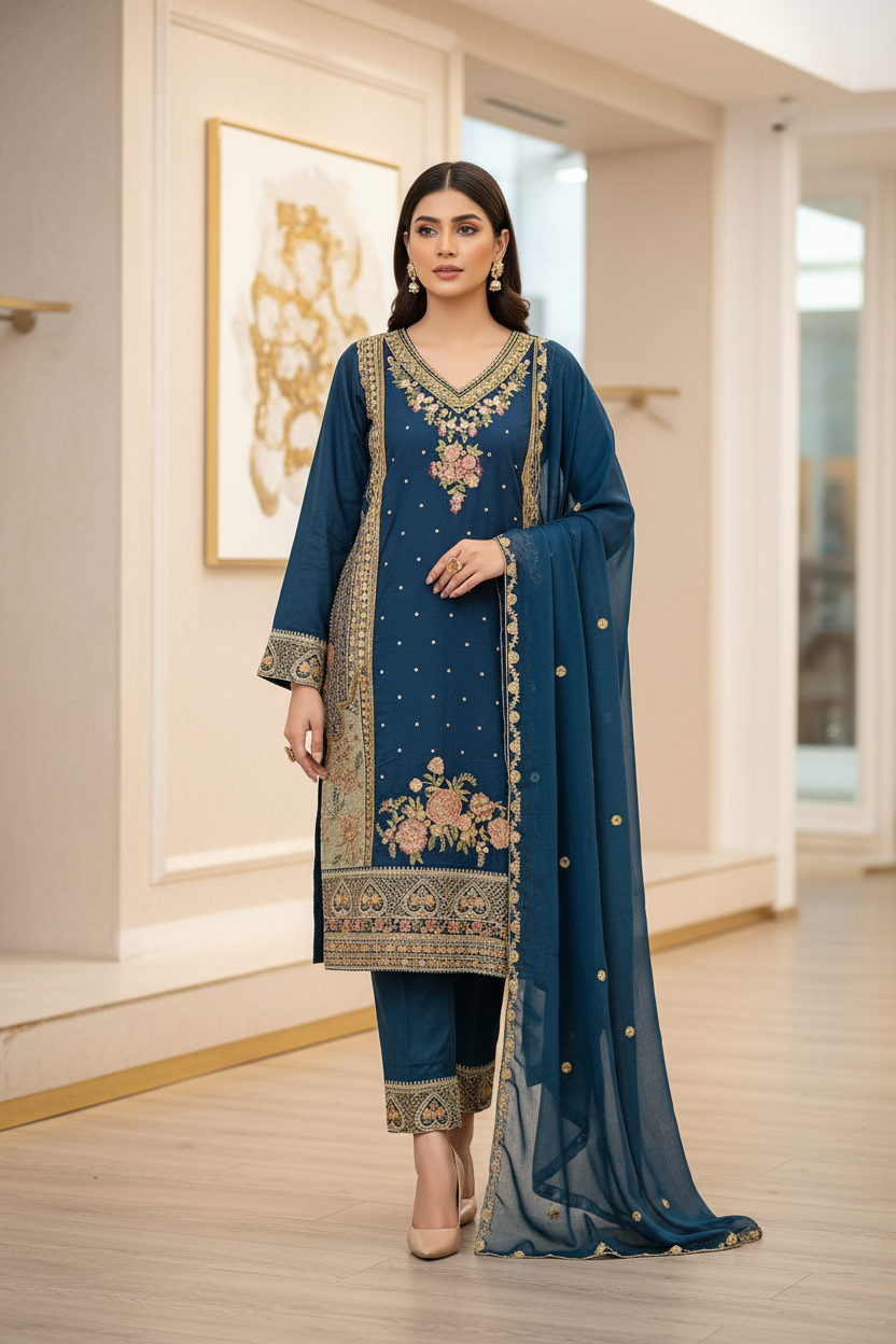 ETH Four-Way Elegance: Teal, Baby Blue, Baby Pink & Black Embroidered Linen Shalwar Kameez