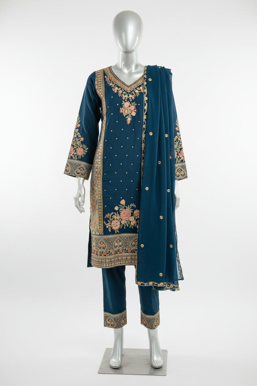 ETH Four-Way Elegance: Teal, Baby Blue, Baby Pink & Black Embroidered Linen Shalwar Kameez