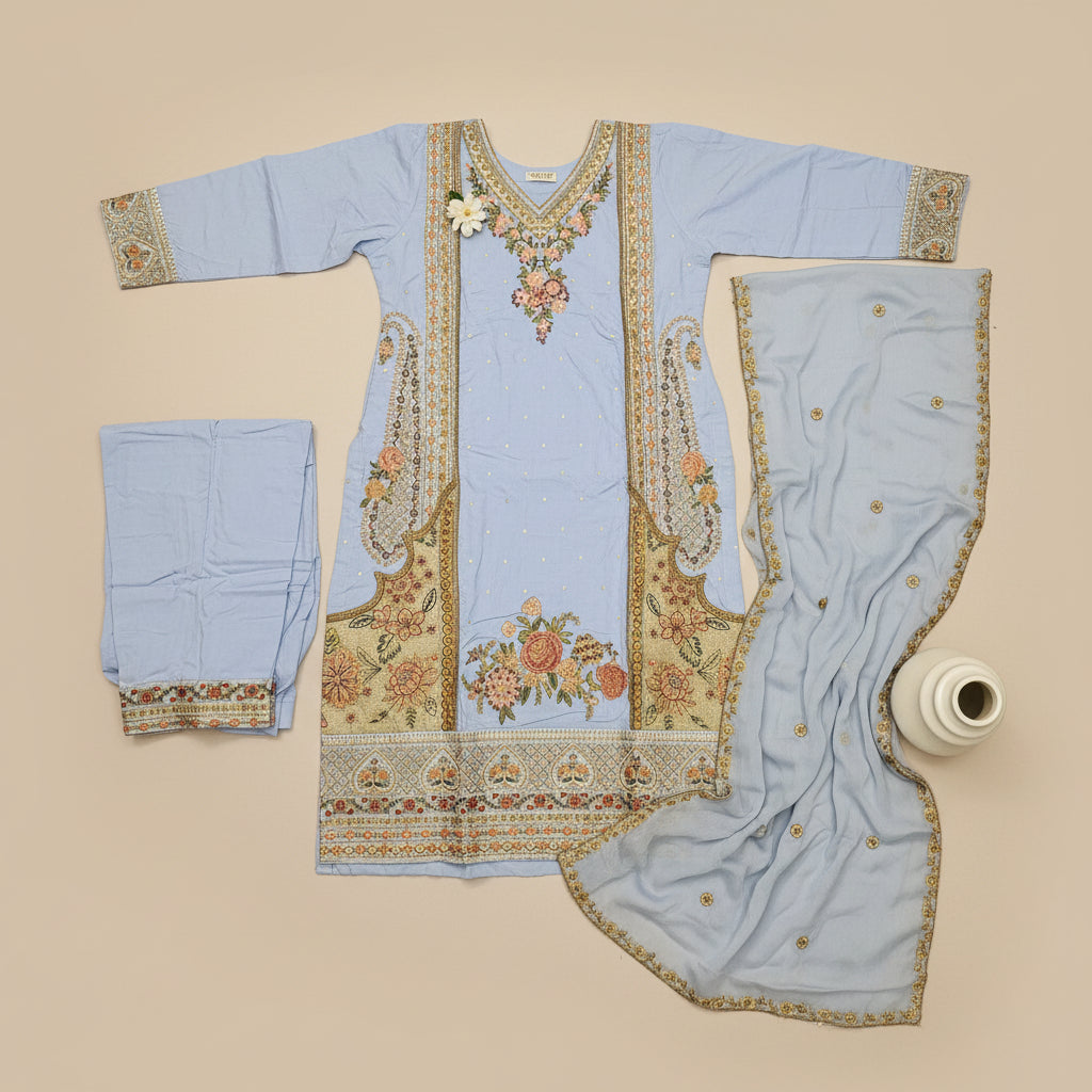 ETH Four-Way Elegance: Teal, Baby Blue, Baby Pink & Black Embroidered Linen Shalwar Kameez