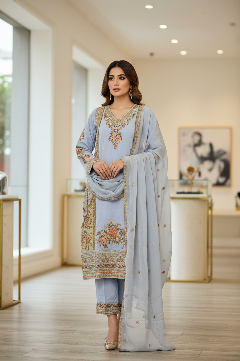 ETH Four-Way Elegance: Teal, Baby Blue, Baby Pink & Black Embroidered Linen Shalwar Kameez