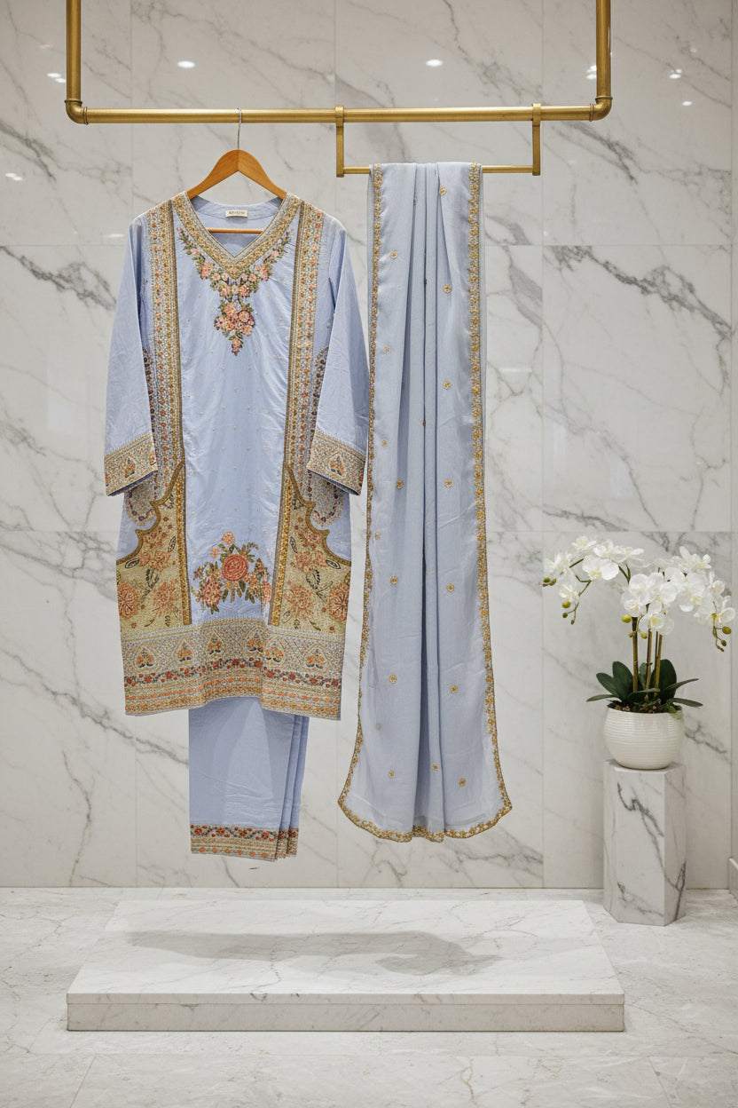 ETH Four-Way Elegance: Teal, Baby Blue, Baby Pink & Black Embroidered Linen Shalwar Kameez