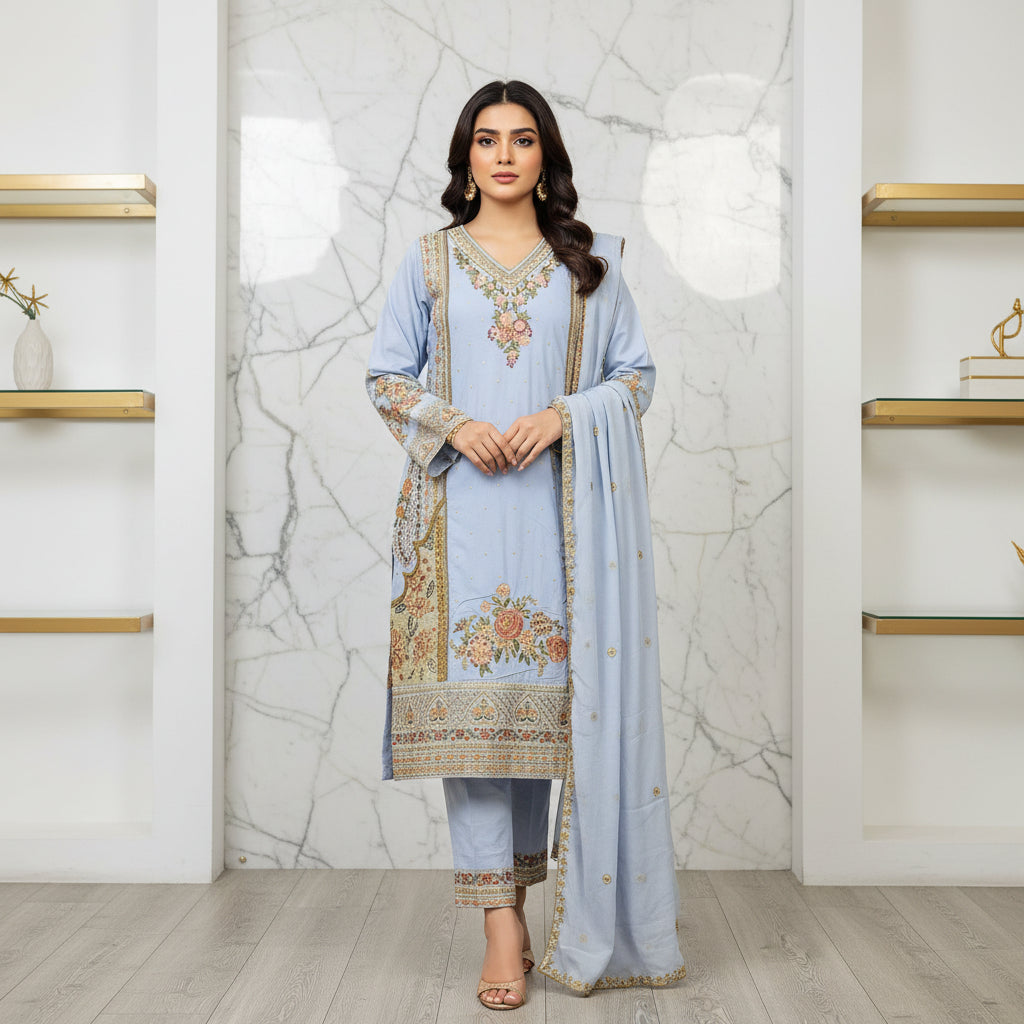 ETH Four-Way Elegance: Teal, Baby Blue, Baby Pink & Black Embroidered Linen Shalwar Kameez