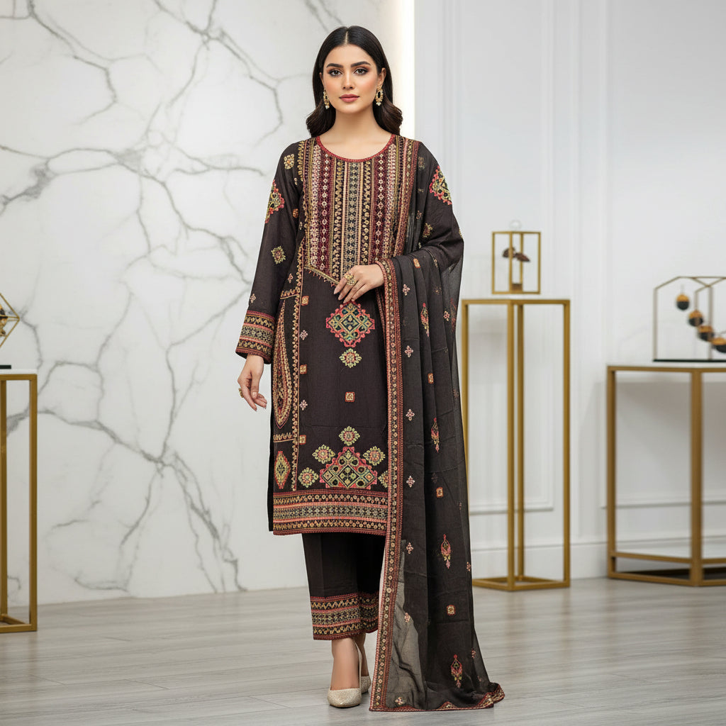 QMR Double Hue Collection: Peach Cream & Cafe Noir Embroidered Viscose Linen Shalwar Kameez