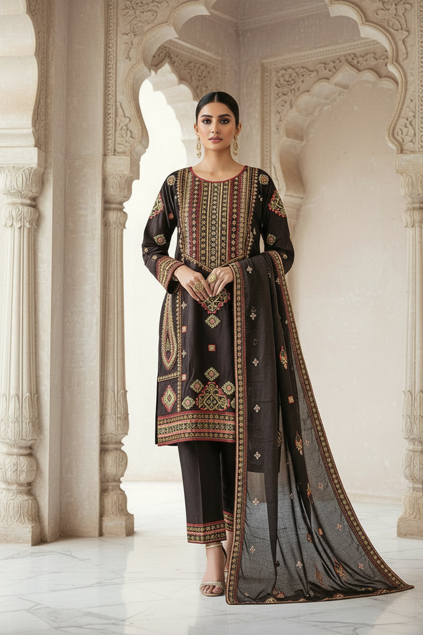 QMR Double Hue Collection: Peach Cream & Cafe Noir Embroidered Viscose Linen Shalwar Kameez