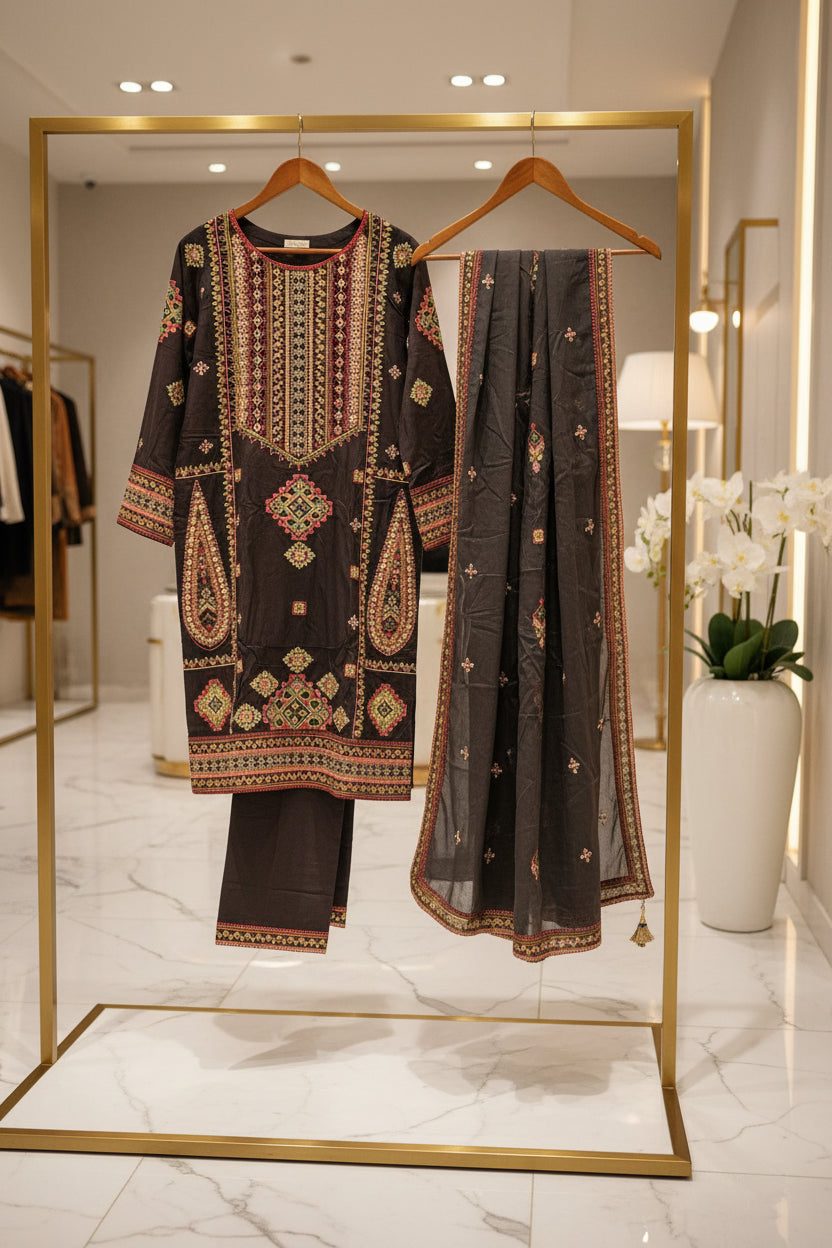 QMR Double Hue Collection: Peach Cream & Cafe Noir Embroidered Viscose Linen Shalwar Kameez