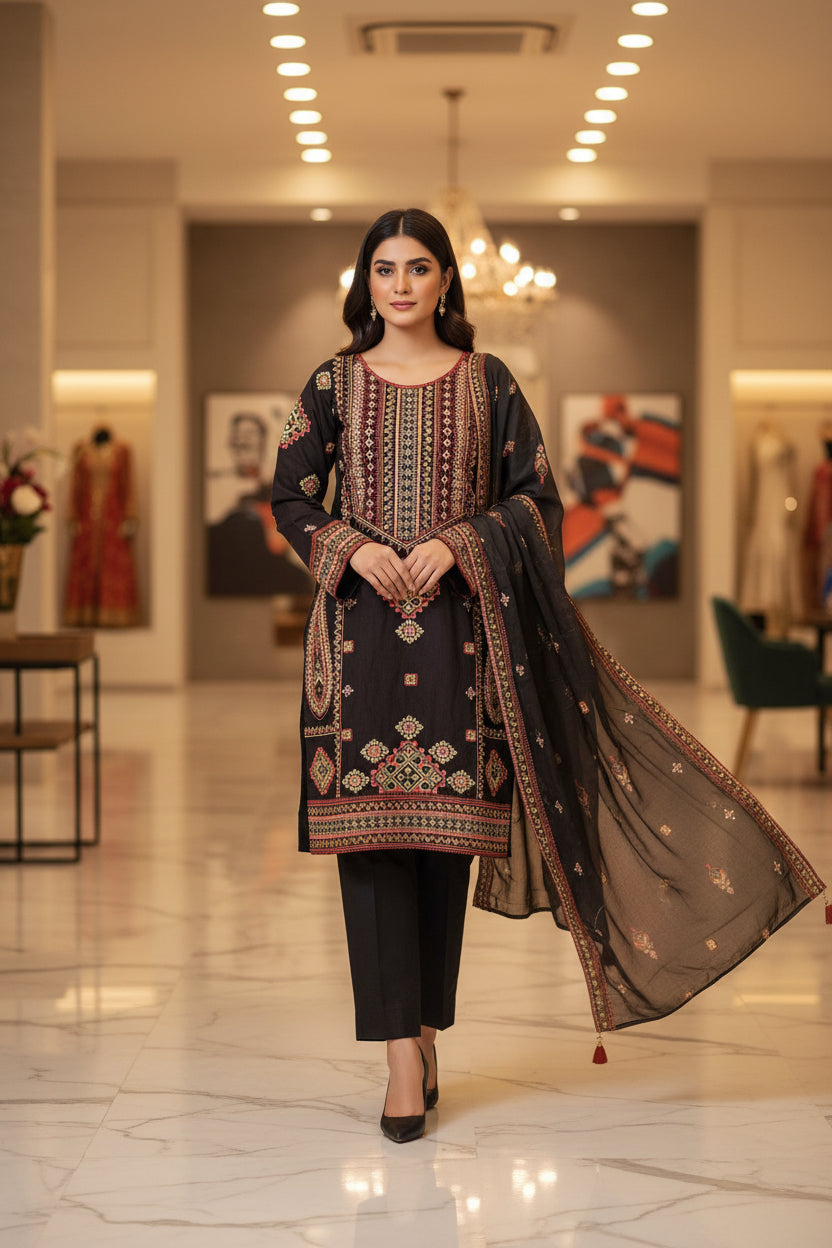 QMR Double Hue Collection: Peach Cream & Cafe Noir Embroidered Viscose Linen Shalwar Kameez