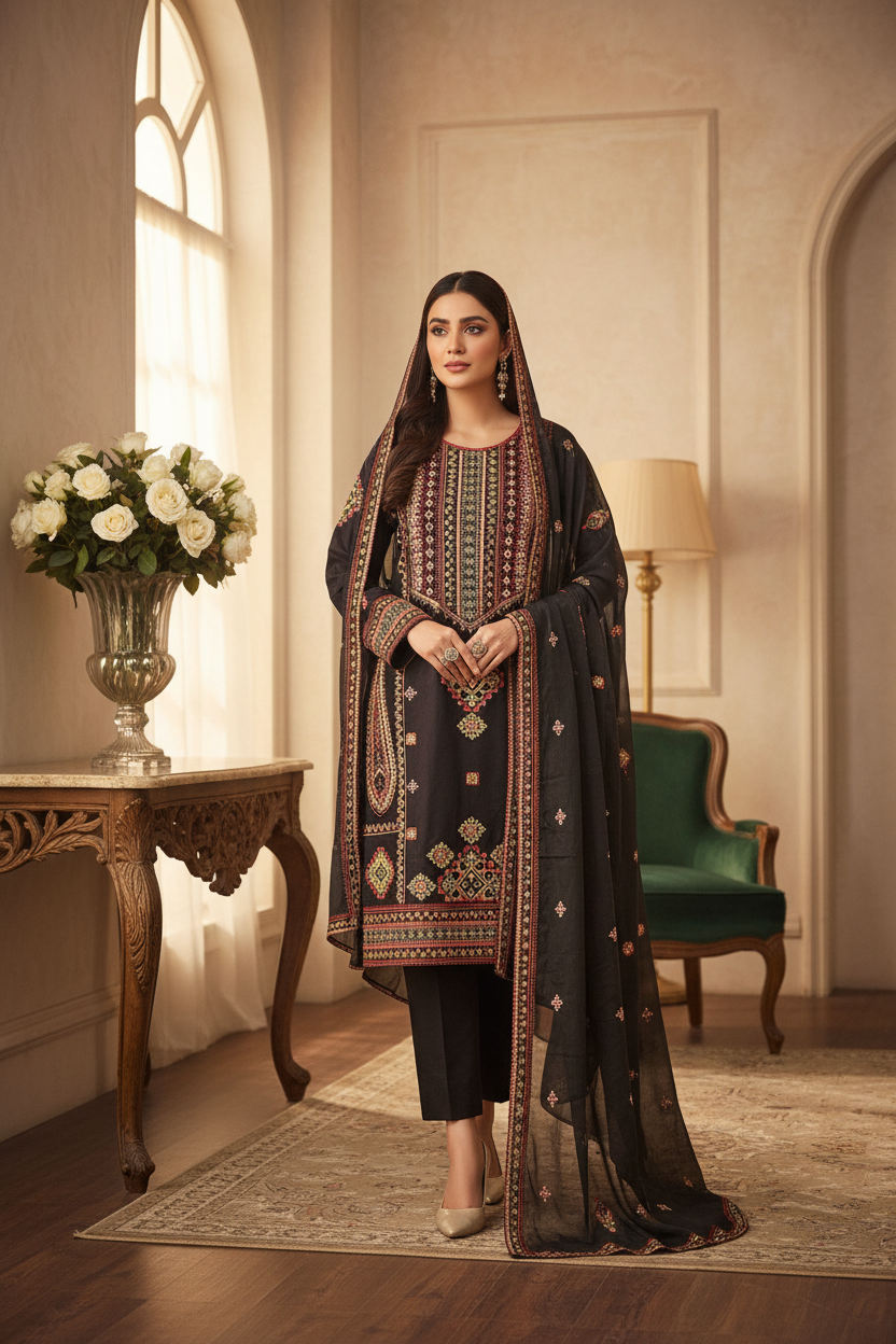 QMR Double Hue Collection: Peach Cream & Cafe Noir Embroidered Viscose Linen Shalwar Kameez