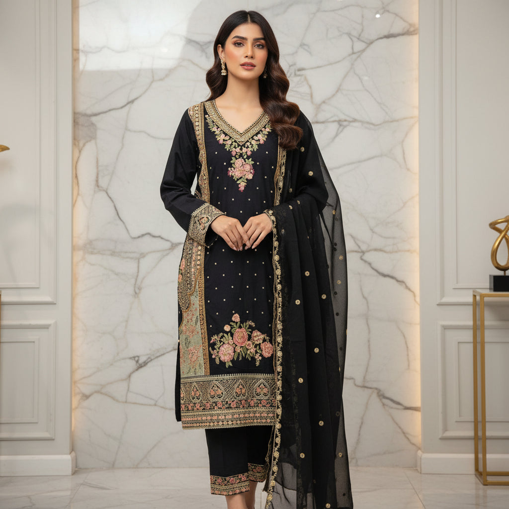 ETH Four-Way Elegance: Teal, Baby Blue, Baby Pink & Black Embroidered Linen Shalwar Kameez