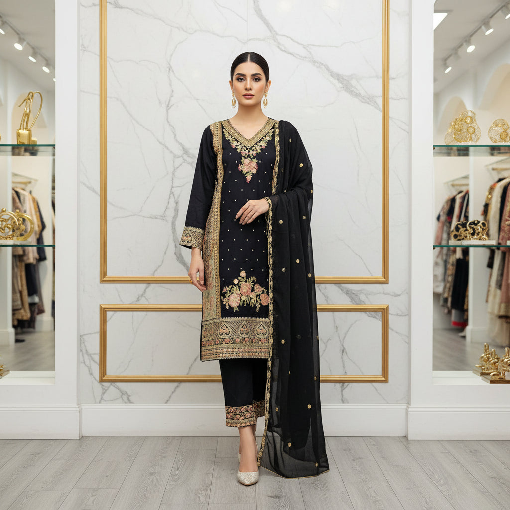 ETH Four-Way Elegance: Teal, Baby Blue, Baby Pink & Black Embroidered Linen Shalwar Kameez