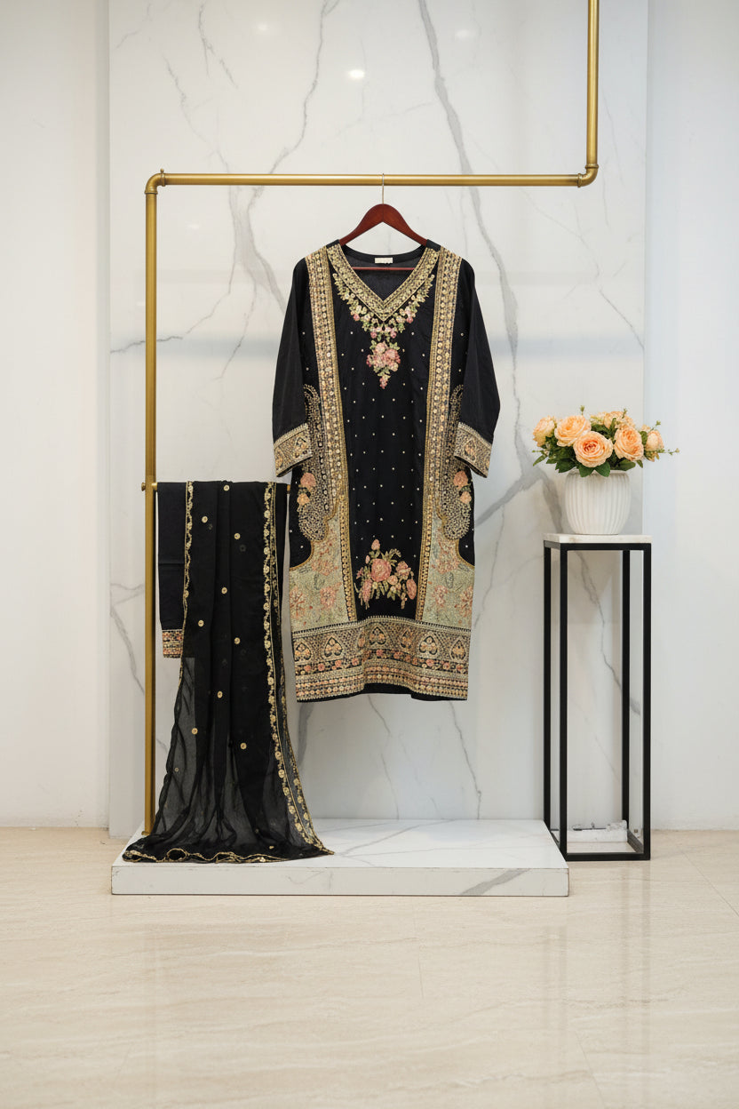 ETH Four-Way Elegance: Teal, Baby Blue, Baby Pink & Black Embroidered Linen Shalwar Kameez