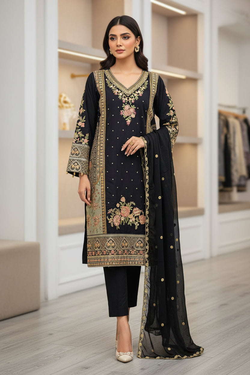 ETH Four-Way Elegance: Teal, Baby Blue, Baby Pink & Black Embroidered Linen Shalwar Kameez