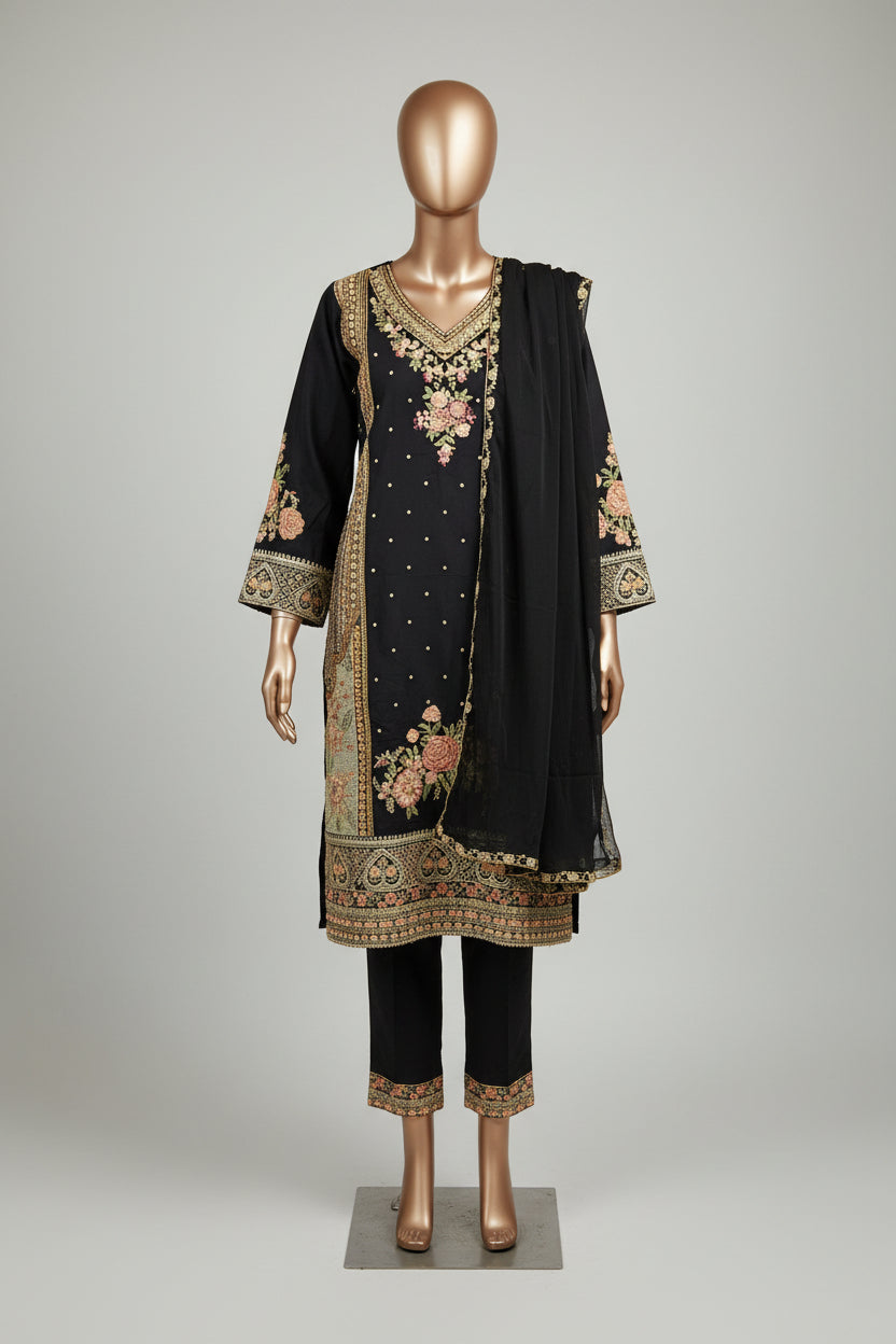 ETH Four-Way Elegance: Teal, Baby Blue, Baby Pink & Black Embroidered Linen Shalwar Kameez
