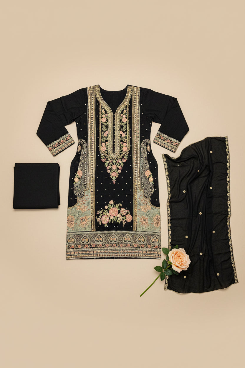 ETH Four-Way Elegance: Teal, Baby Blue, Baby Pink & Black Embroidered Linen Shalwar Kameez