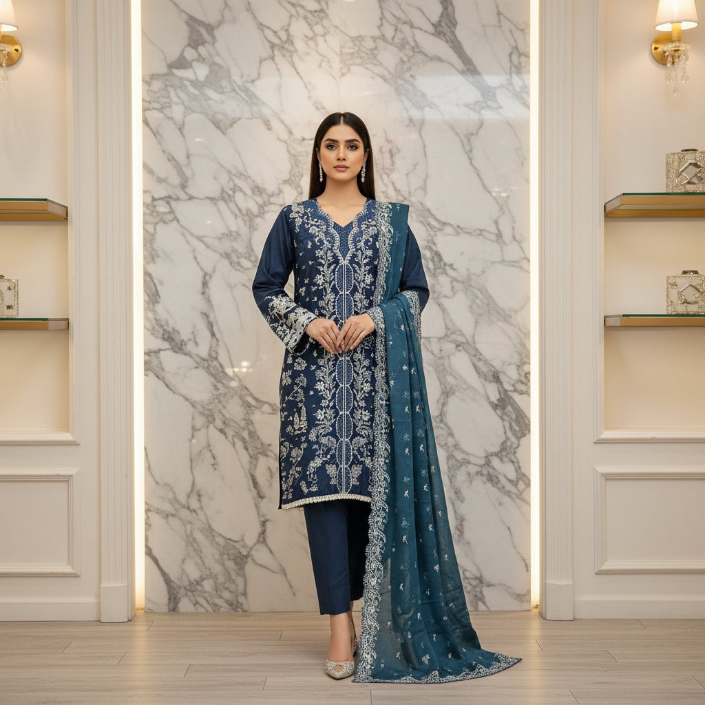 QMR Prussian Blue Masterpiece: Luxury Laser Cut Embroidered Shalwar Kameez