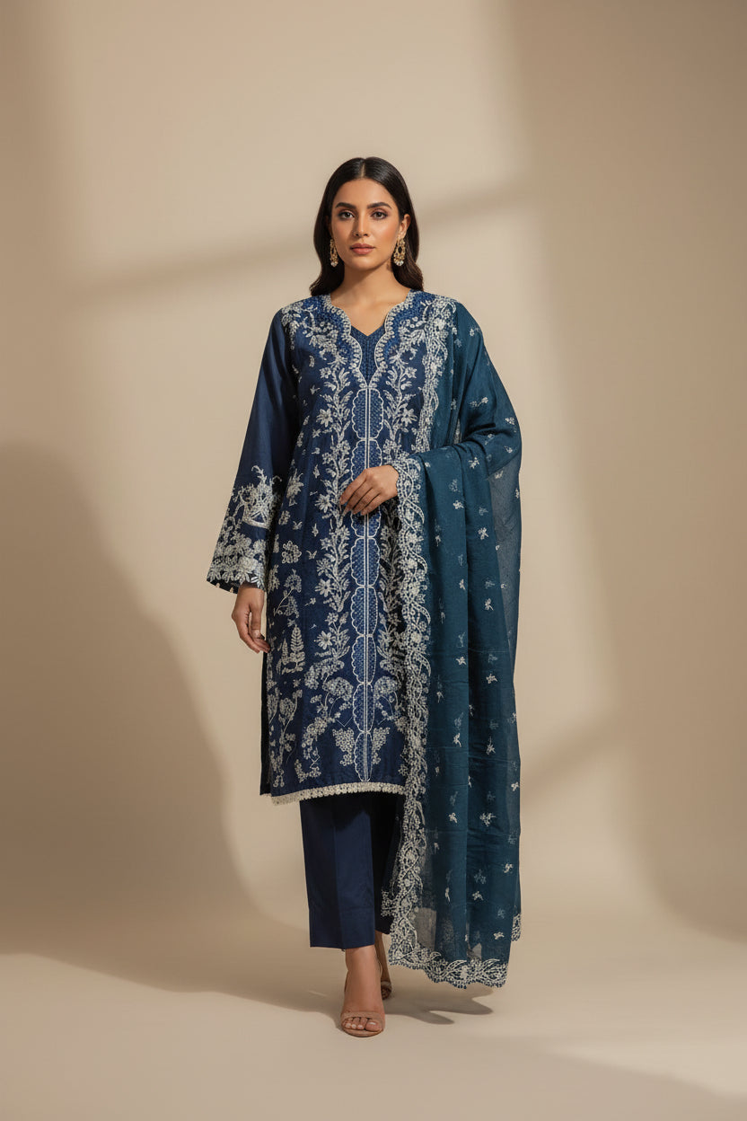 QMR Prussian Blue Masterpiece: Luxury Laser Cut Embroidered Shalwar Kameez