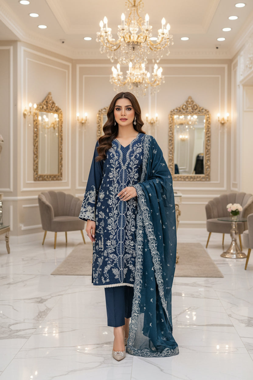 QMR Prussian Blue Masterpiece: Luxury Laser Cut Embroidered Shalwar Kameez