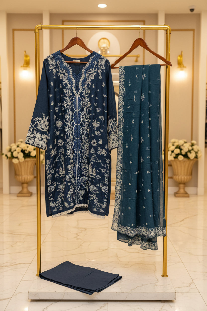 QMR Prussian Blue Masterpiece: Luxury Laser Cut Embroidered Shalwar Kameez