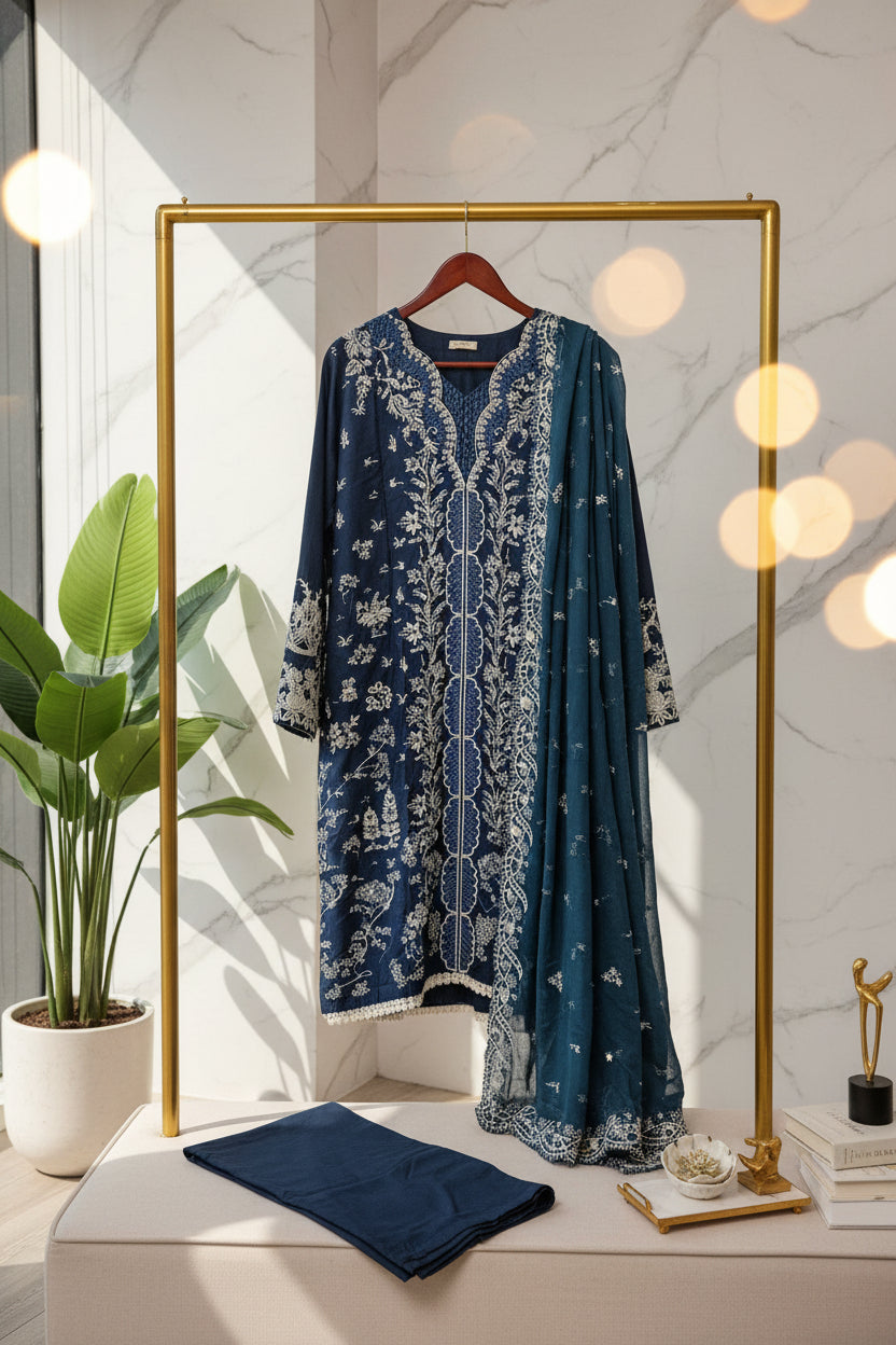 QMR Prussian Blue Masterpiece: Luxury Laser Cut Embroidered Shalwar Kameez