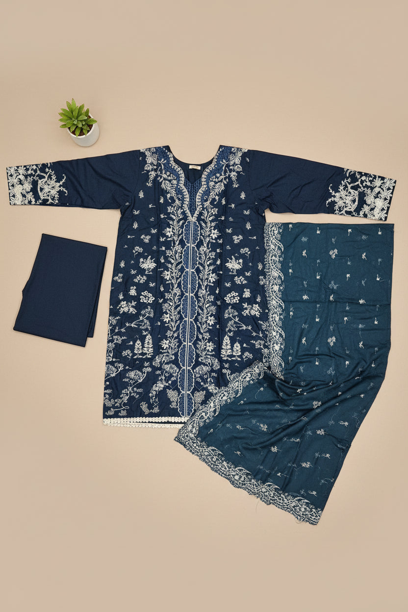 QMR Prussian Blue Masterpiece: Luxury Laser Cut Embroidered Shalwar Kameez