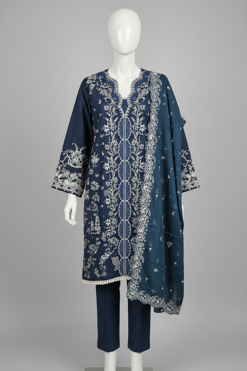 QMR Prussian Blue Masterpiece: Luxury Laser Cut Embroidered Shalwar Kameez