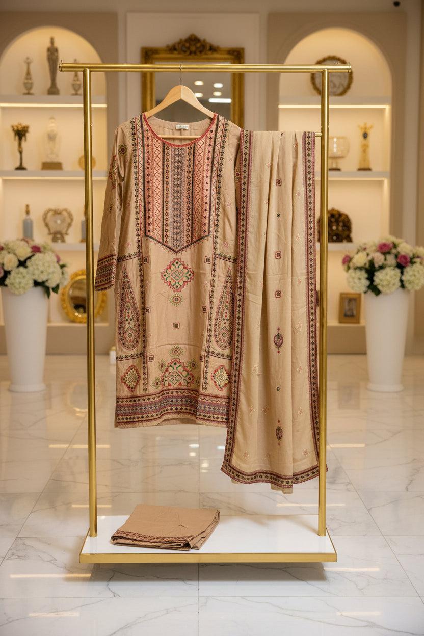 QMR Double Hue Collection: Peach Cream & Cafe Noir Embroidered Viscose Linen Shalwar Kameez