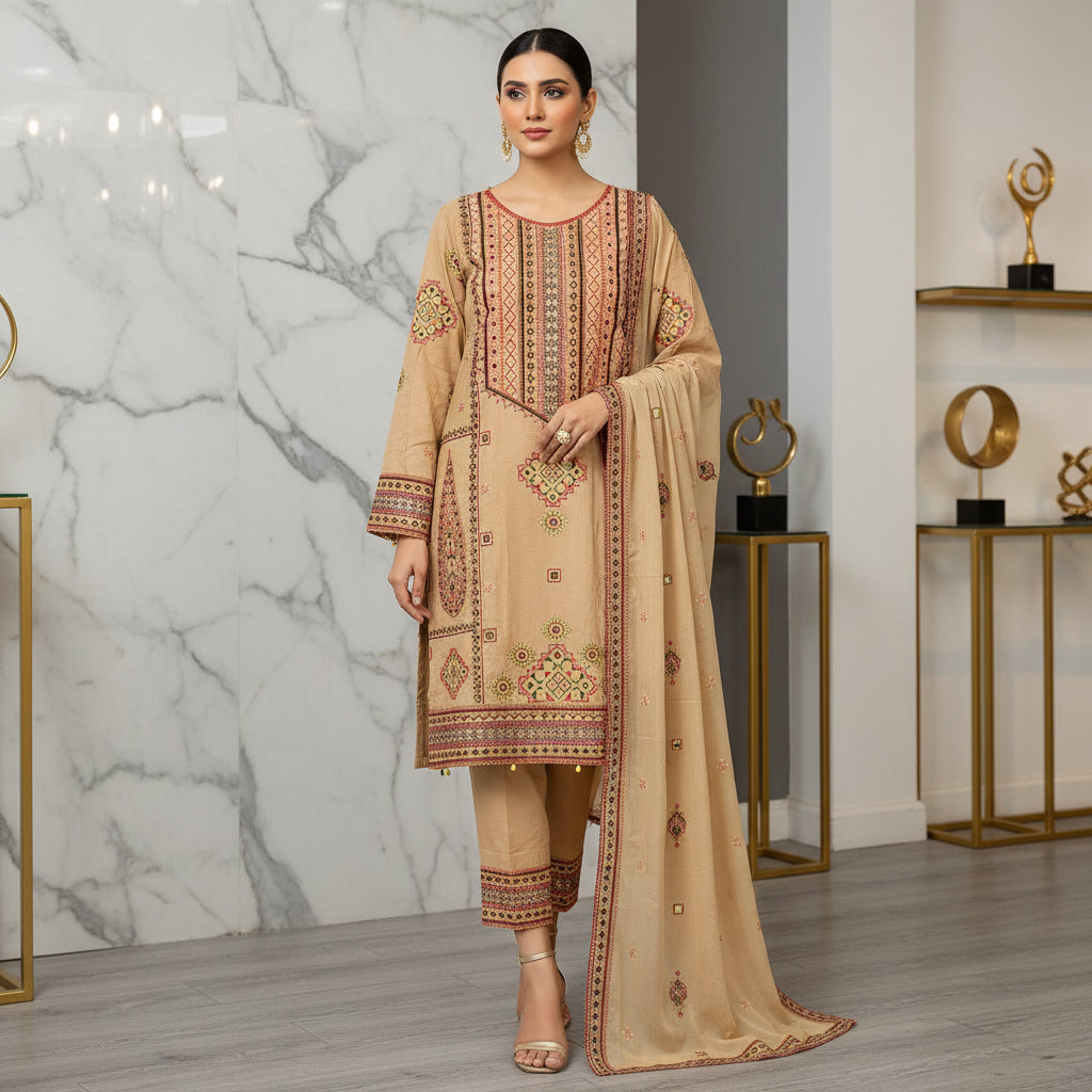 QMR Double Hue Collection: Peach Cream & Cafe Noir Embroidered Viscose Linen Shalwar Kameez