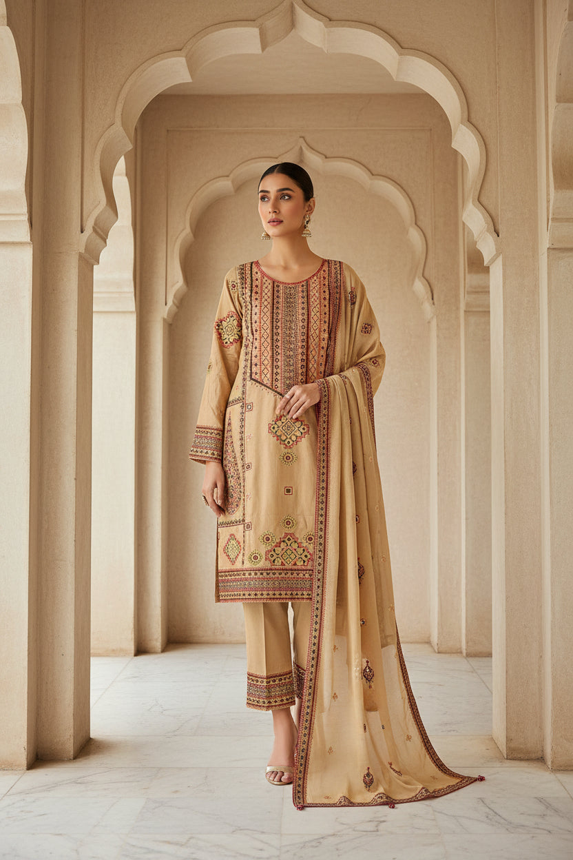 QMR Double Hue Collection: Peach Cream & Cafe Noir Embroidered Viscose Linen Shalwar Kameez