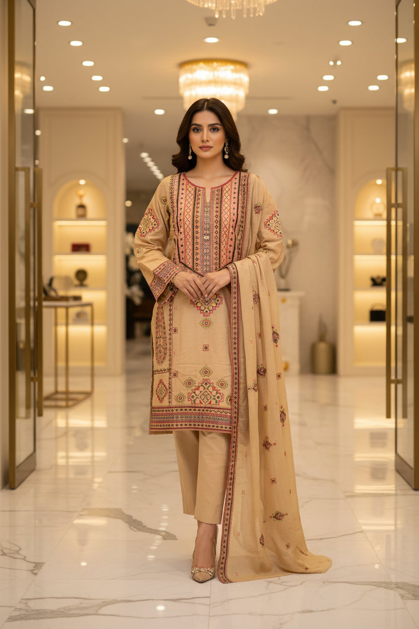 QMR Double Hue Collection: Peach Cream & Cafe Noir Embroidered Viscose Linen Shalwar Kameez