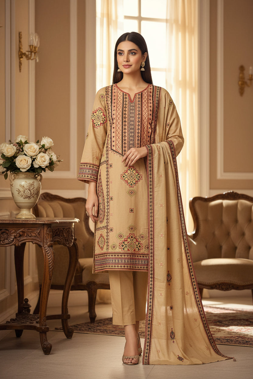 QMR Double Hue Collection: Peach Cream & Cafe Noir Embroidered Viscose Linen Shalwar Kameez