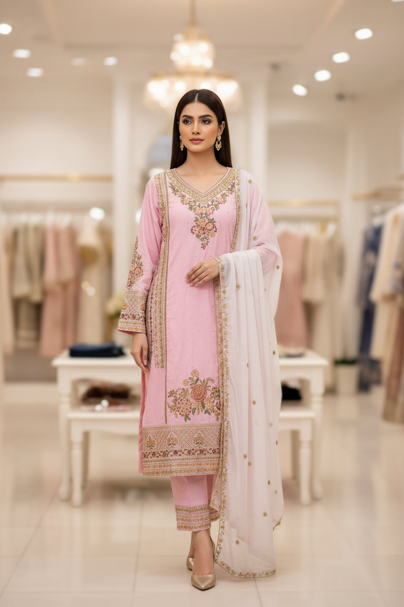 ETH Four-Way Elegance: Teal, Baby Blue, Baby Pink & Black Embroidered Linen Shalwar Kameez