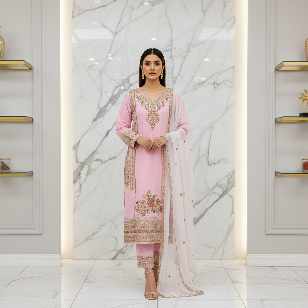 ETH Four-Way Elegance: Teal, Baby Blue, Baby Pink & Black Embroidered Linen Shalwar Kameez