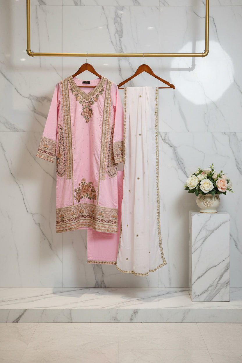 ETH Four-Way Elegance: Teal, Baby Blue, Baby Pink & Black Embroidered Linen Shalwar Kameez