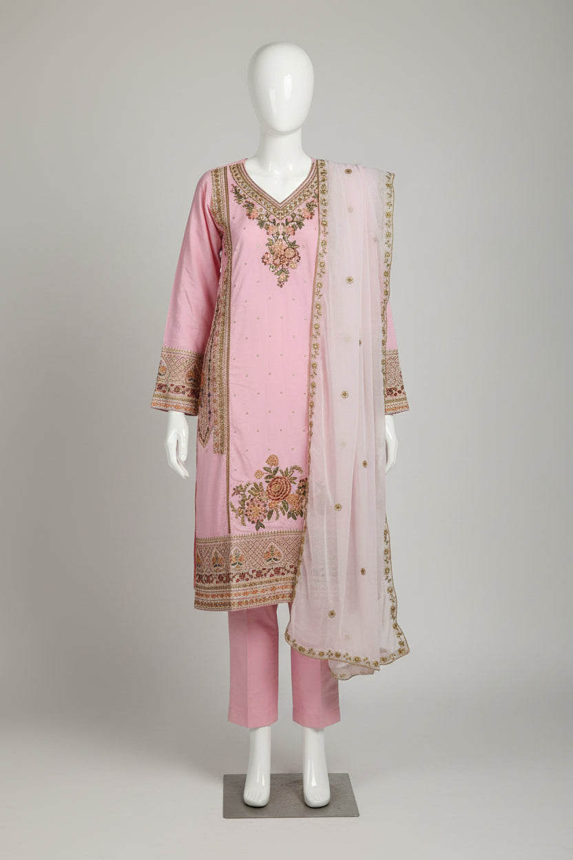 ETH Four-Way Elegance: Teal, Baby Blue, Baby Pink & Black Embroidered Linen Shalwar Kameez