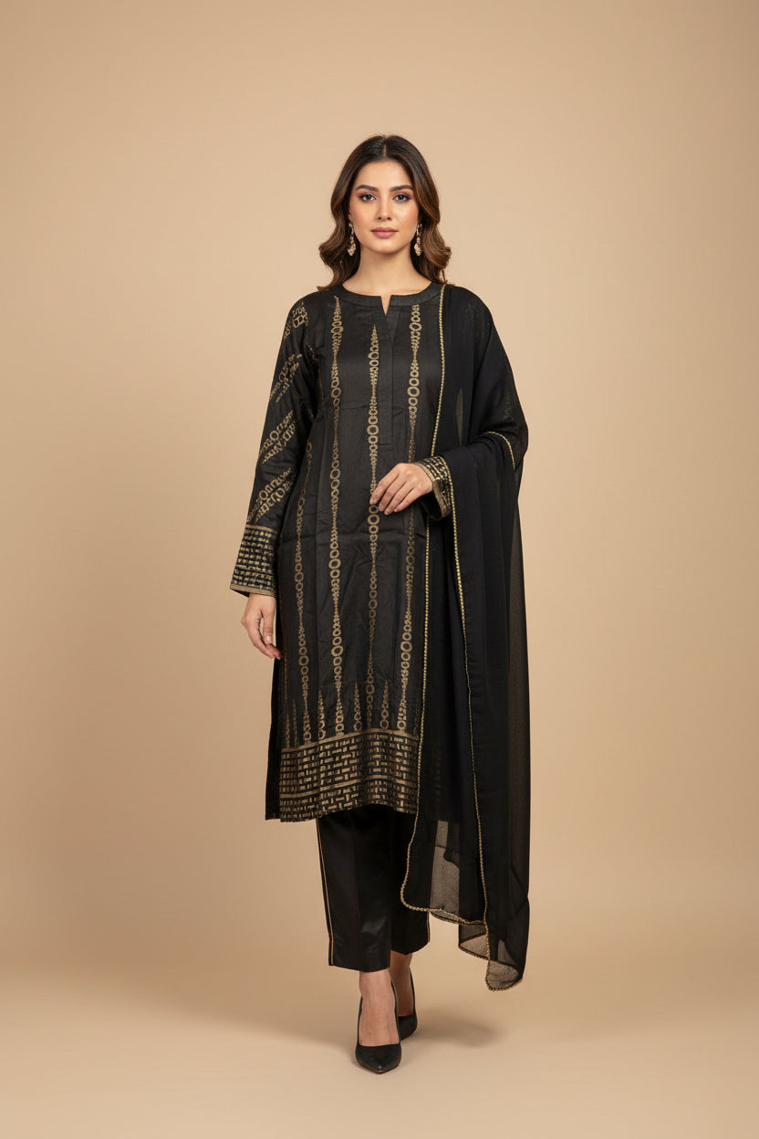 KHA Black and Gold Jacquard Cotton Shalwar Kameez – Embossed Pattern Festive Ensemble