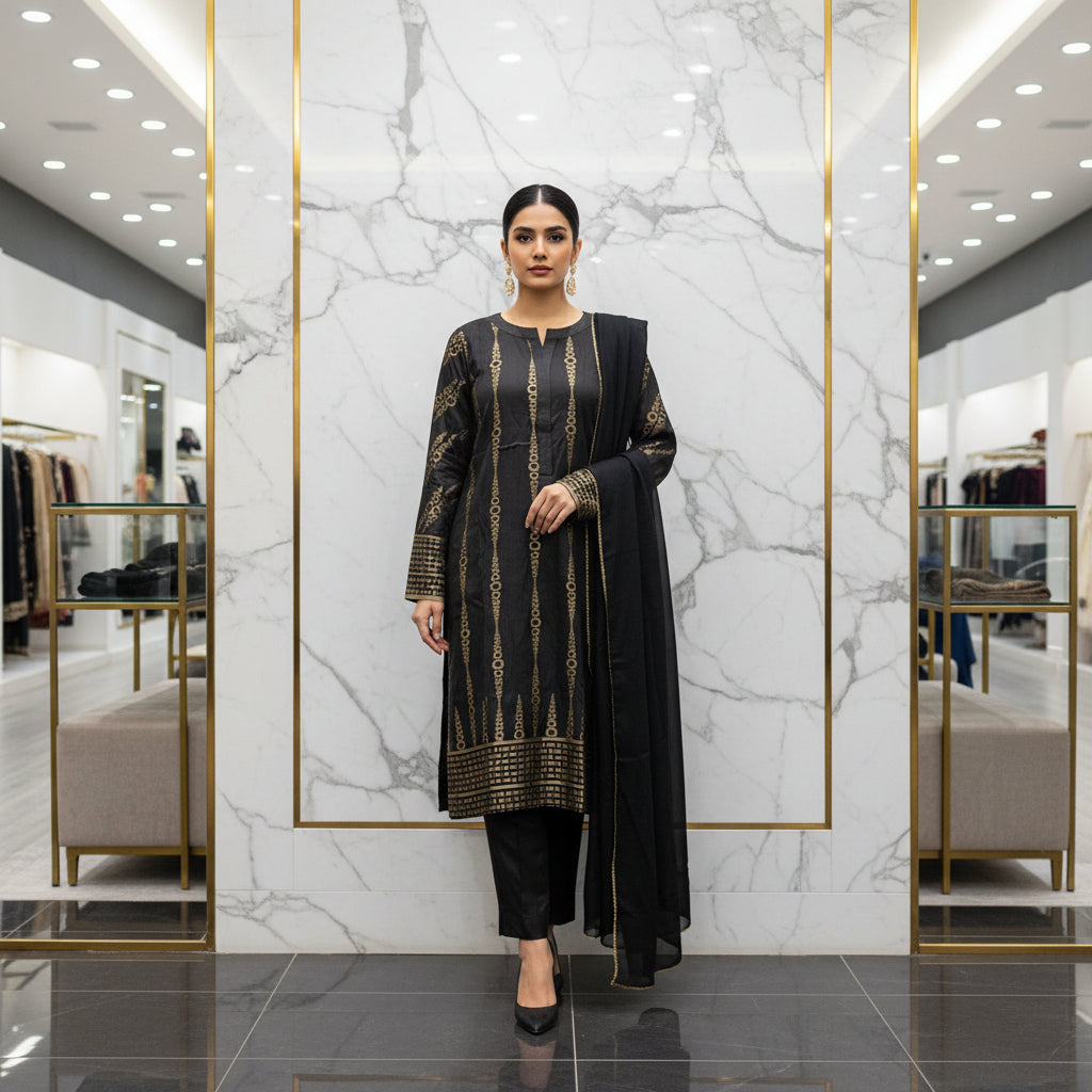 KHA Black and Gold Jacquard Cotton Shalwar Kameez – Embossed Pattern Festive Ensemble