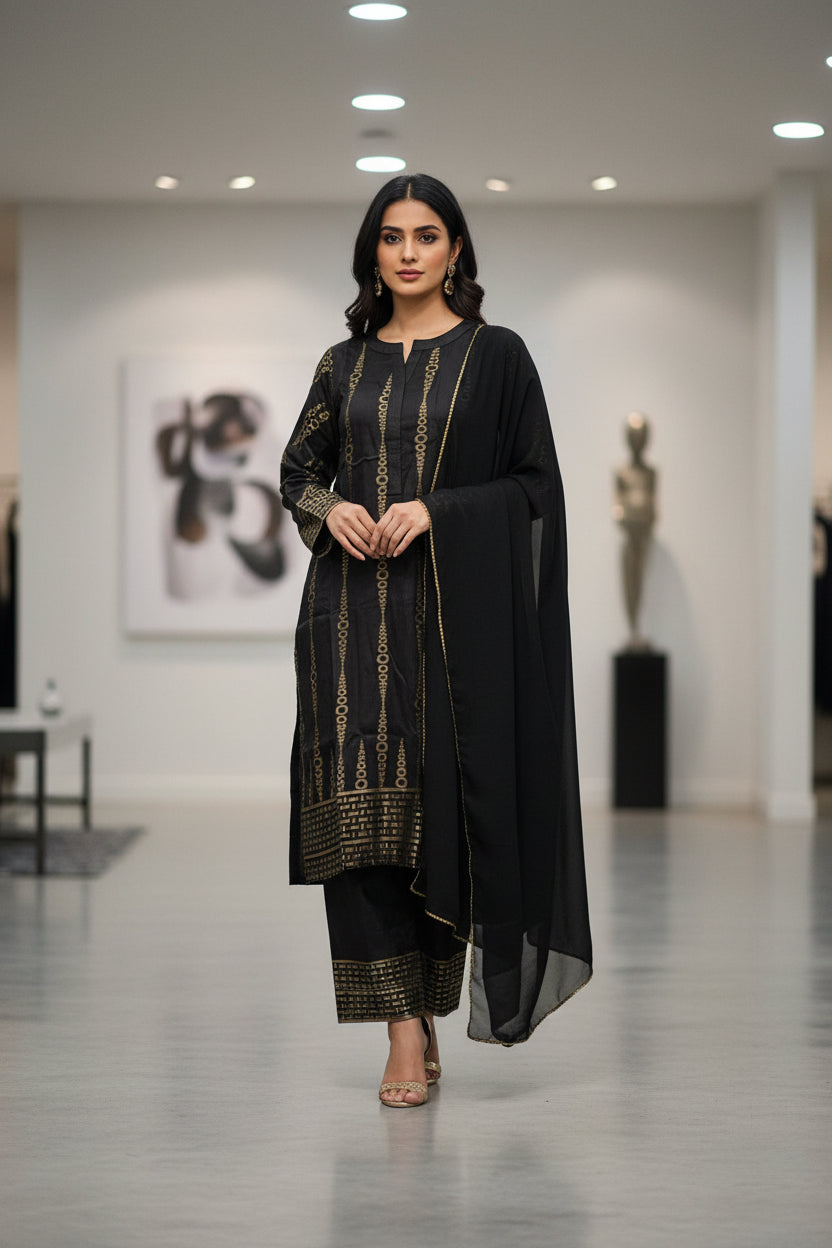 KHA Black and Gold Jacquard Cotton Shalwar Kameez – Embossed Pattern Festive Ensemble