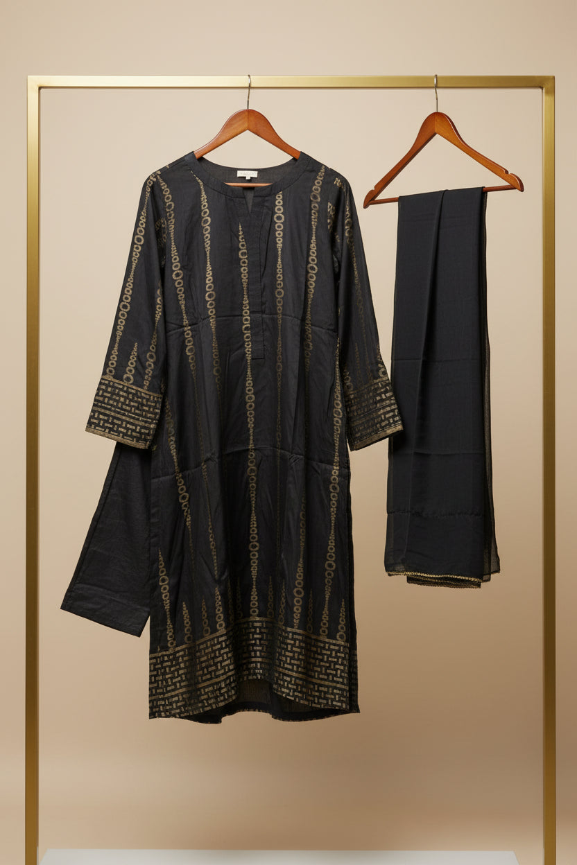 KHA Black and Gold Jacquard Cotton Shalwar Kameez – Embossed Pattern Festive Ensemble