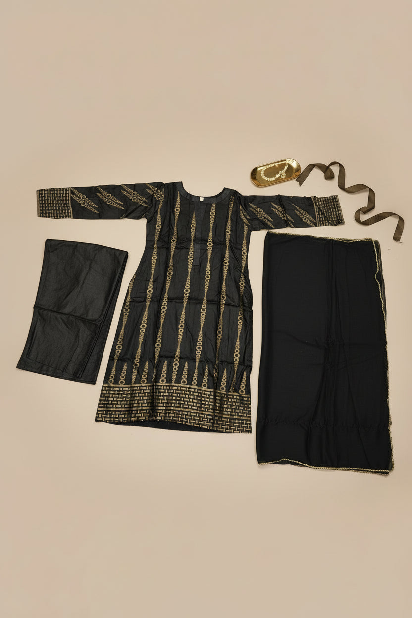 KHA Black and Gold Jacquard Cotton Shalwar Kameez – Embossed Pattern Festive Ensemble