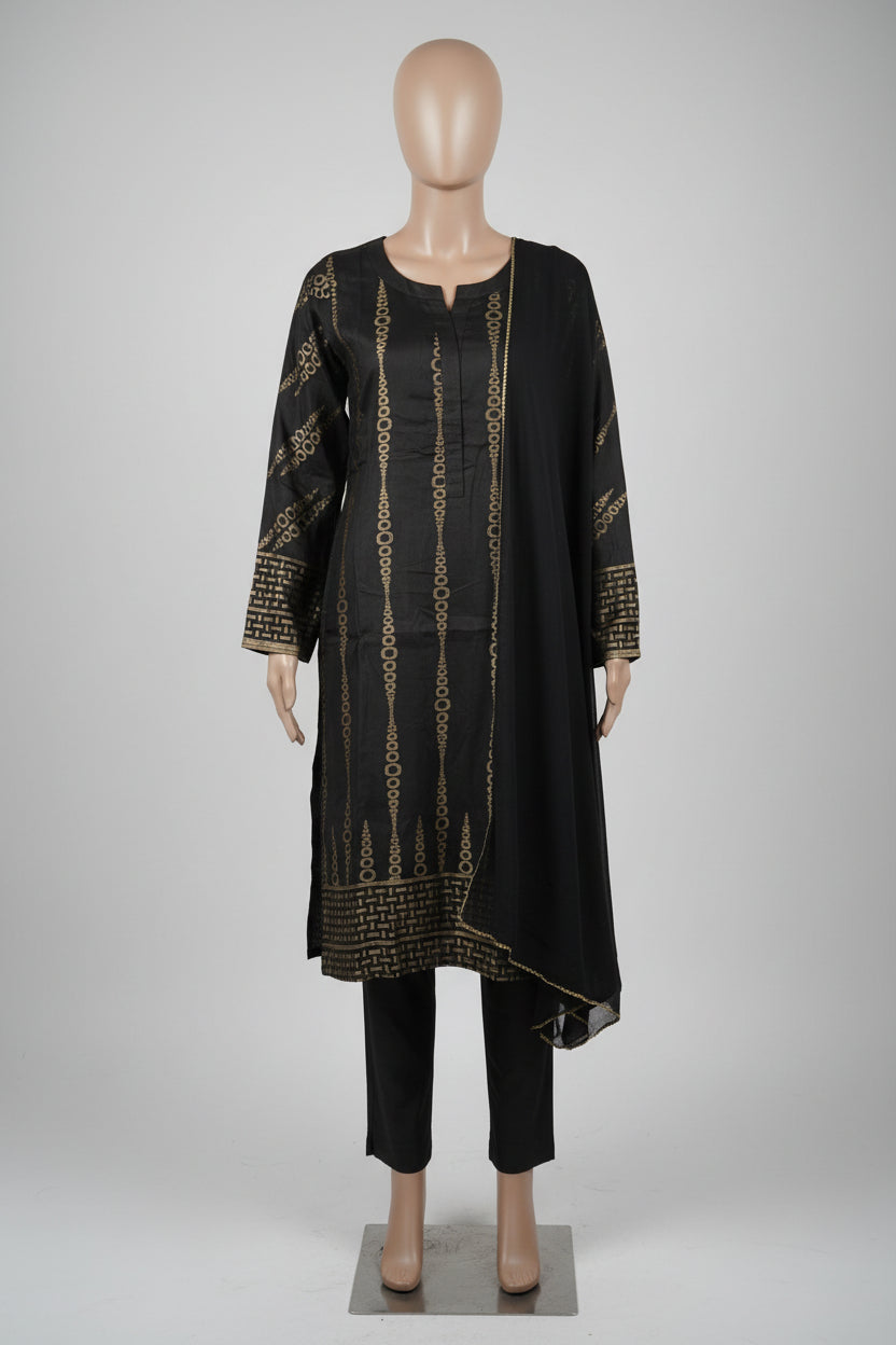 KHA Black and Gold Jacquard Cotton Shalwar Kameez – Embossed Pattern Festive Ensemble