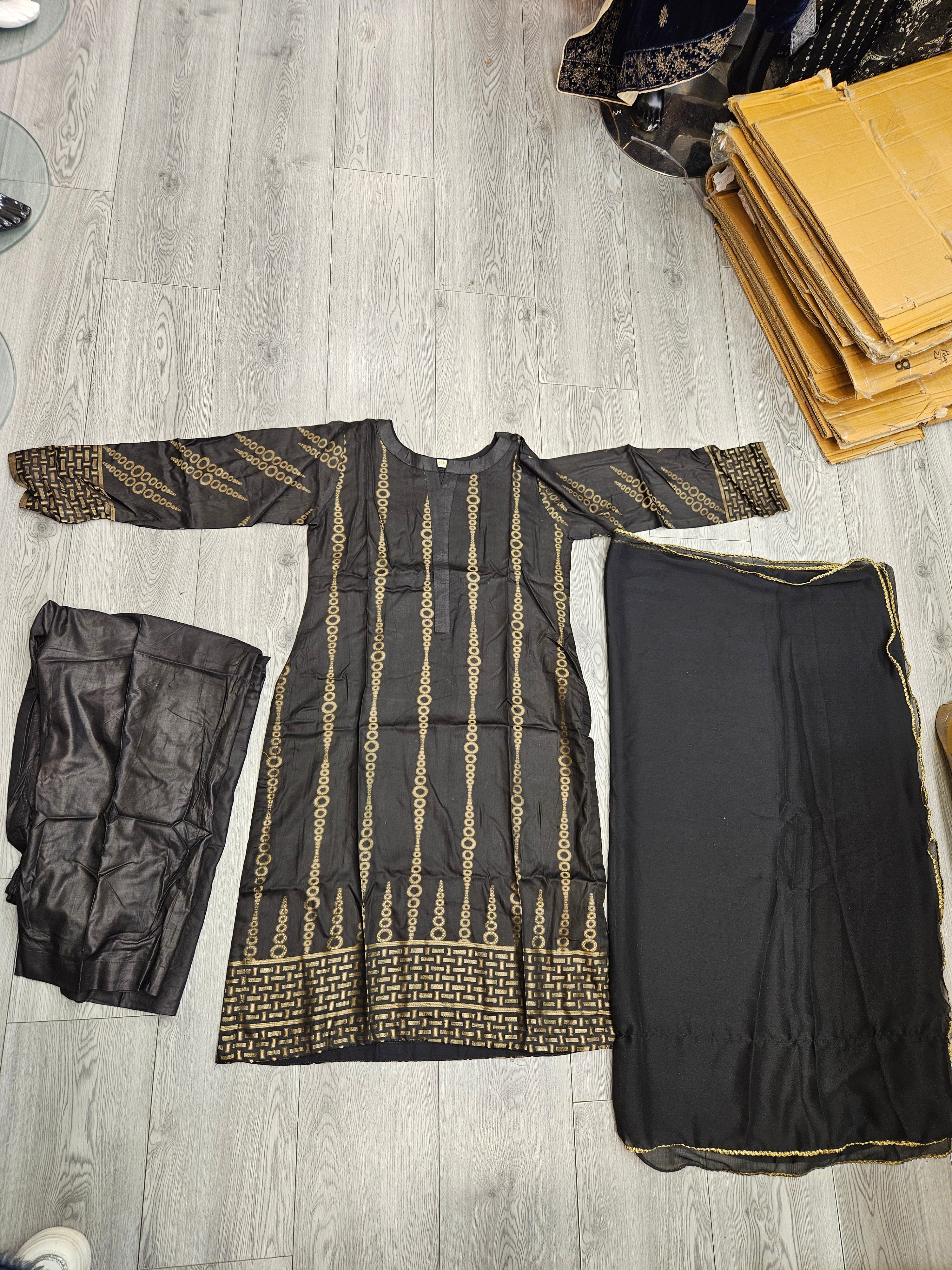 KHA Black and Gold Jacquard Cotton Shalwar Kameez – Embossed Pattern Festive Ensemble