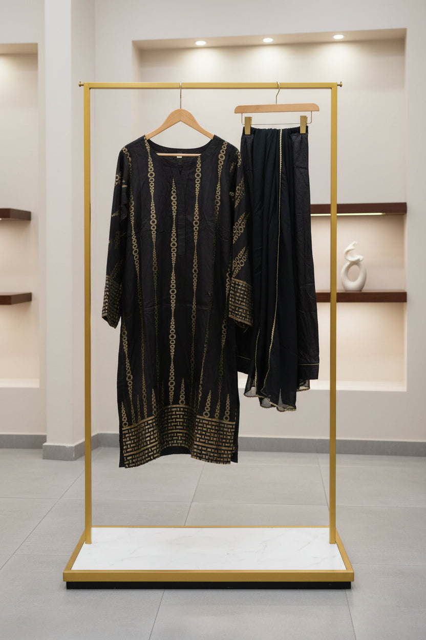 KHA Black and Gold Jacquard Cotton Shalwar Kameez – Embossed Pattern Festive Ensemble