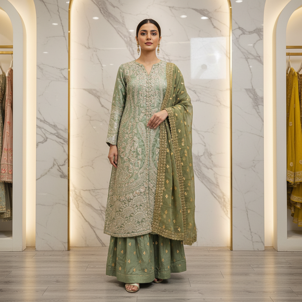 HuR Green Field Lava Silk Embroidered Sharara Suit
