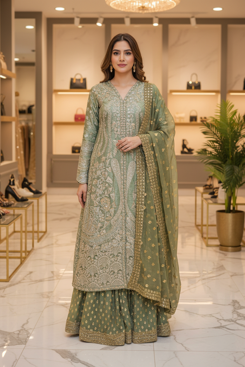 HuR Green Field Lava Silk Embroidered Sharara Suit