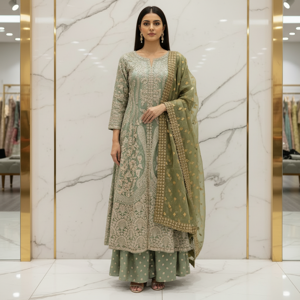 HuR Green Field Lava Silk Embroidered Sharara Suit