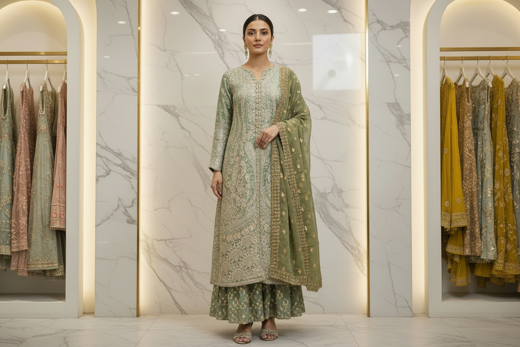 HuR Green Field Lava Silk Embroidered Sharara Suit