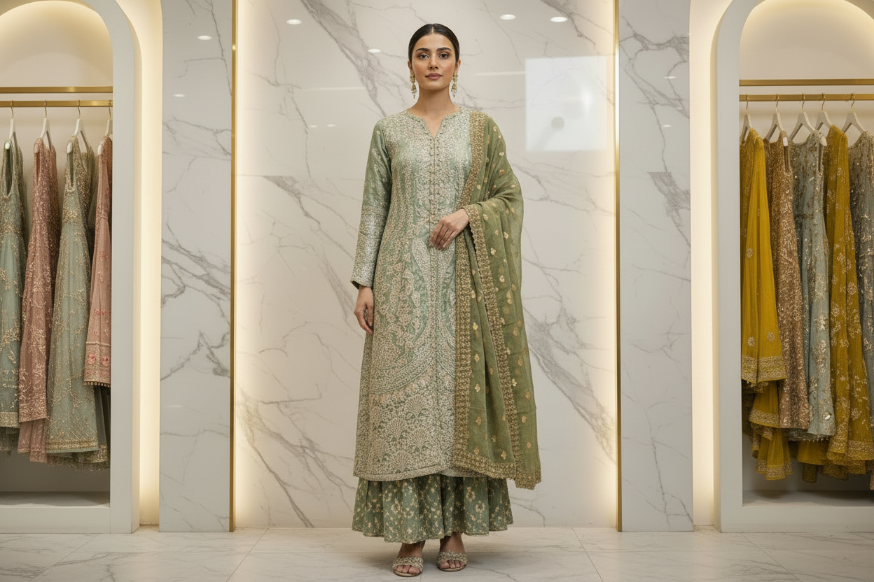 HuR Green Field Lava Silk Embroidered Sharara Suit