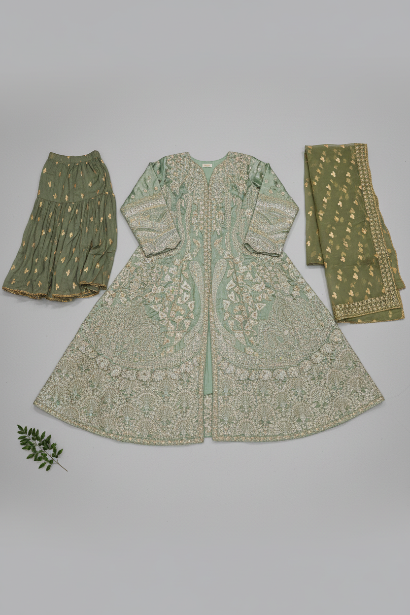 HuR Green Field Lava Silk Embroidered Sharara Suit